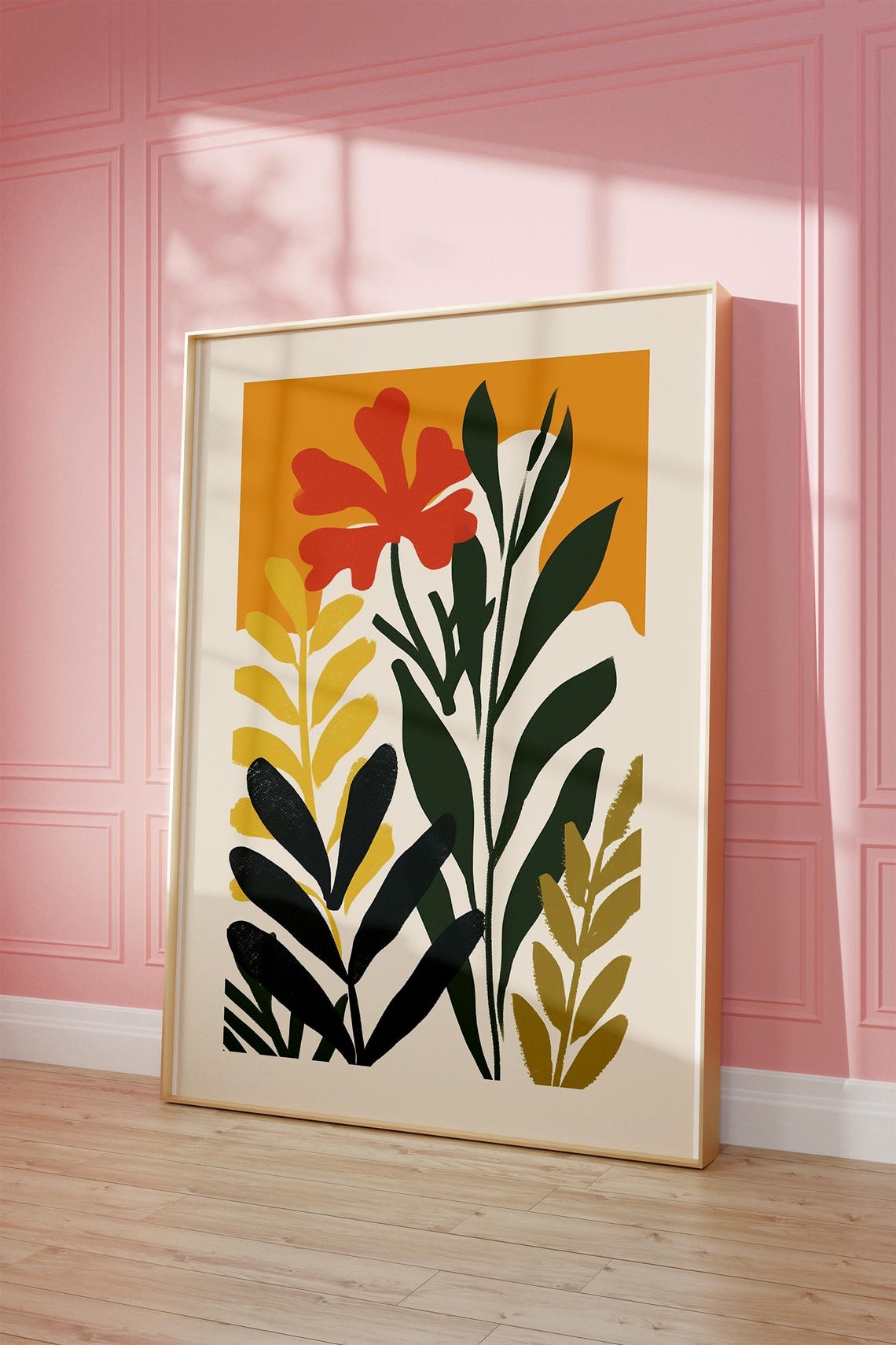 Maximalist Botanical Leaves Design Red Flower Green Foliage Art Poster