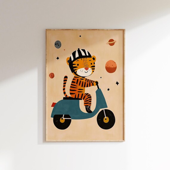 Cute Tiger Riding Scooter in Outer Space with Planets Kids Poster