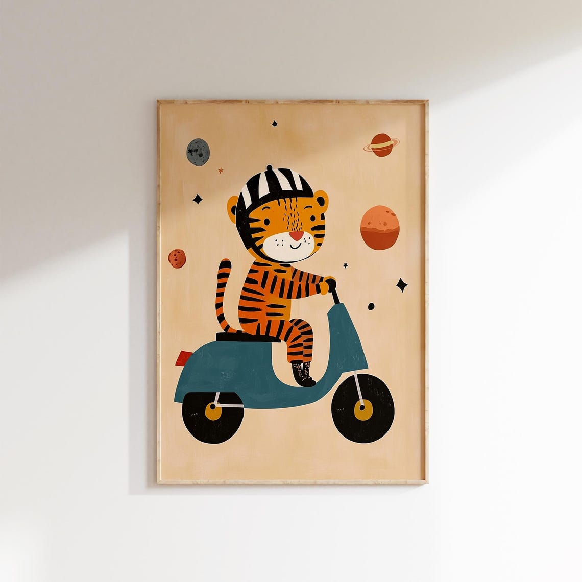Cute Tiger Riding Scooter in Outer Space with Planets Kids Poster