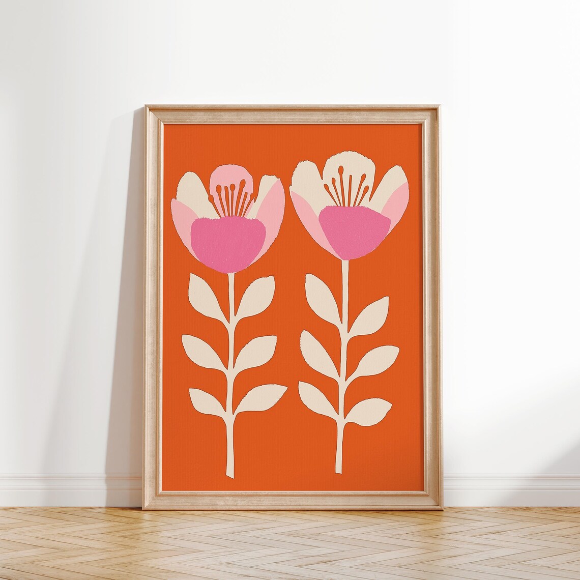 Retro Orange Pink Flower Print Mid Century Modern Botanical Wall Art - Image 4