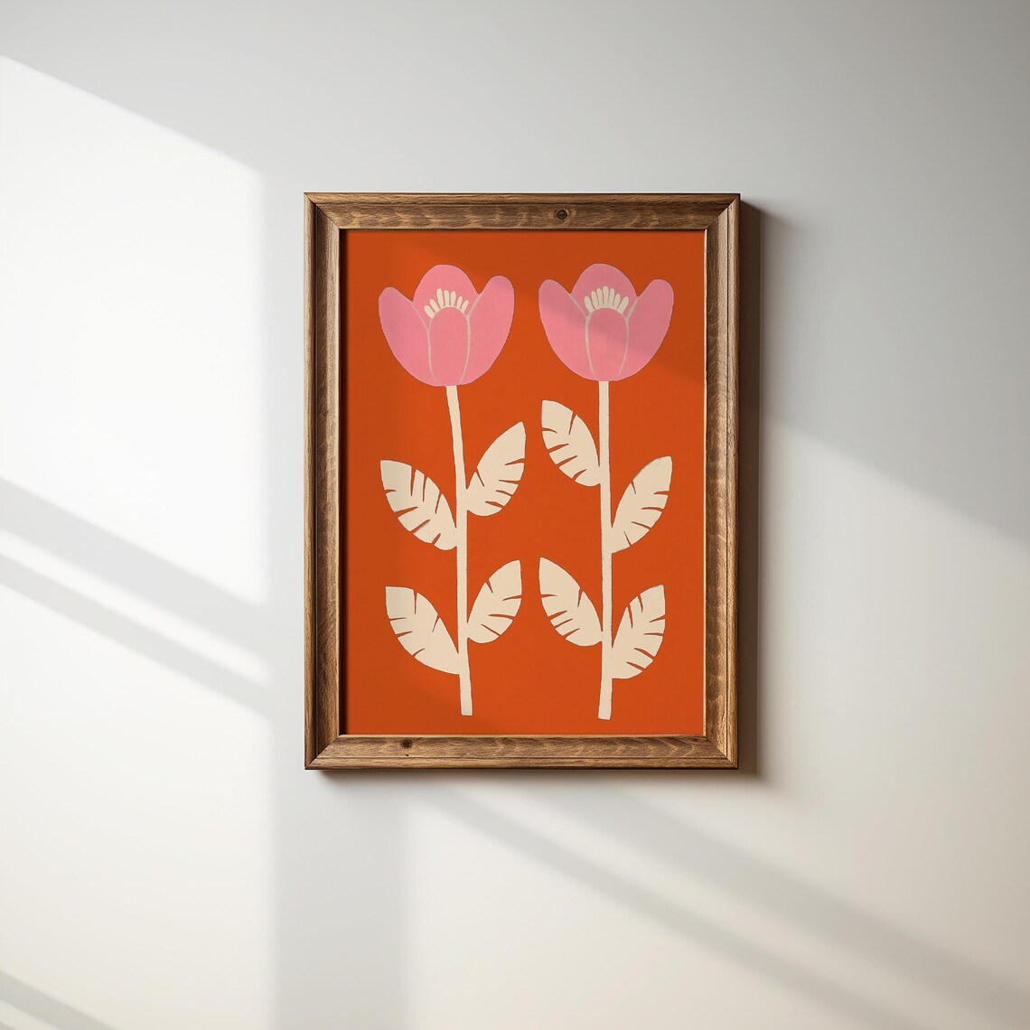 Retro Pink Tulip Flower Print Orange Scandinavian Folk Wall Poster - Image 2