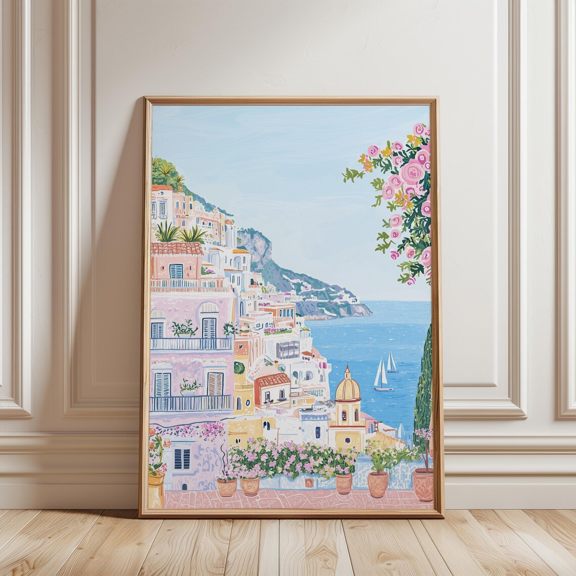 Positano Italy Amalfi Coast Cliffside Town Sailboats Summer Poster