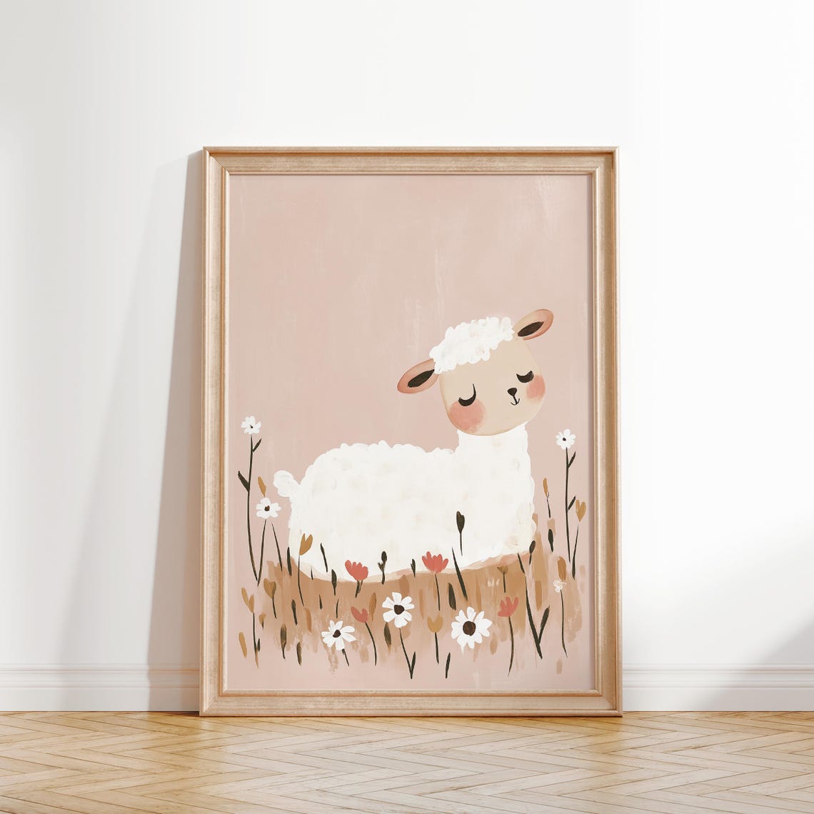 Peaceful White Lamb Resting In Daisy Meadow Nursery Art Poster