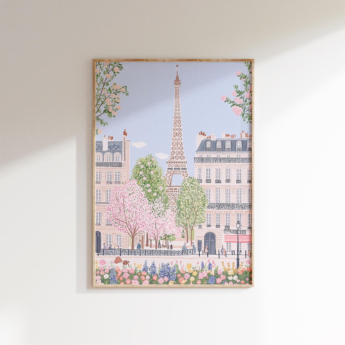 Eiffel Tower Rising Above Paris Streets with Pink Spring Blossoms Poster