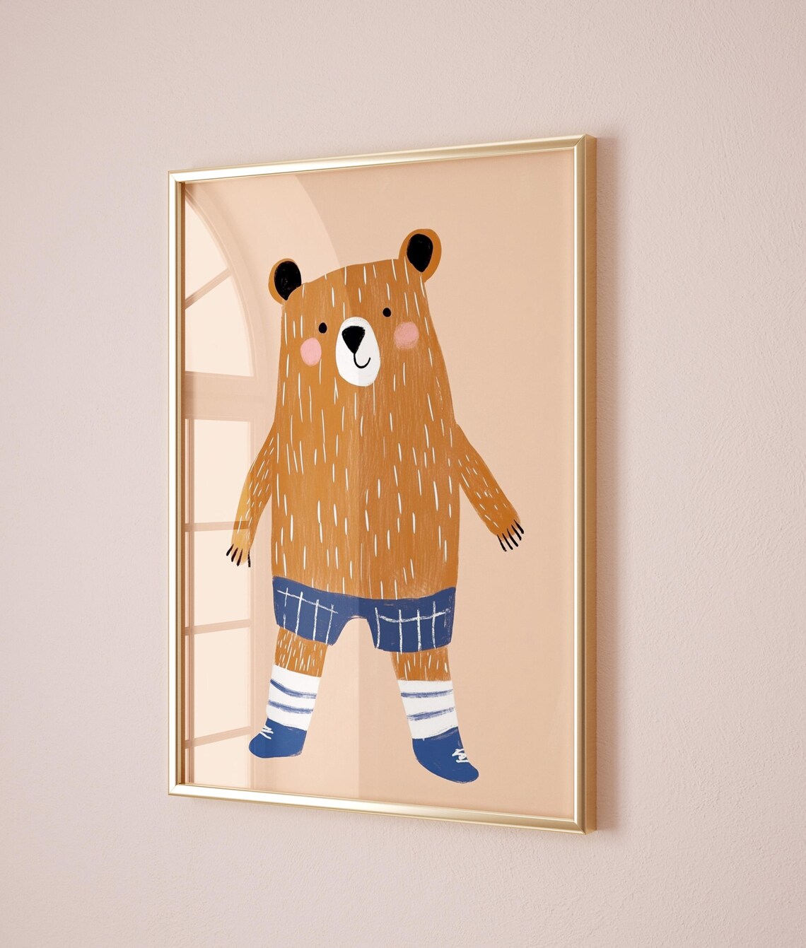 Playful Woodland Bear Kids Room Print Wearing Striped Socks and Shorts - Image 2