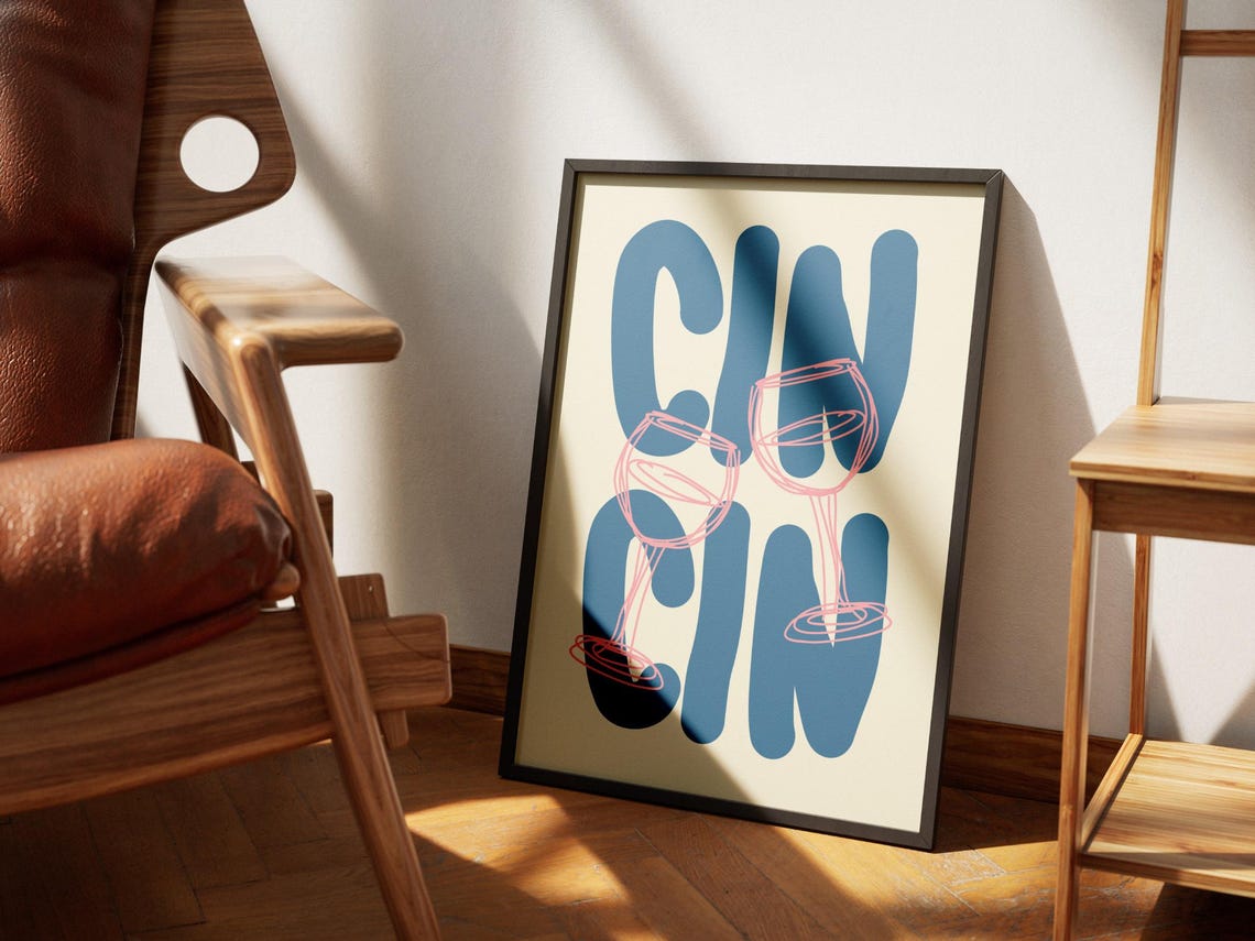 Cin Cin Blue Bubble Letters Pink Wine Glasses Bar Cart Poster - Image 3