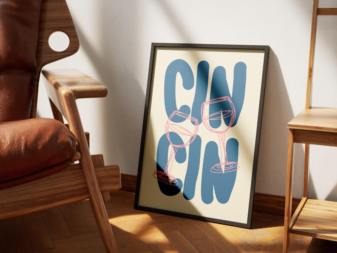 Wine Cin Cin Print Alcohol Poster Print Retro Bar Cart Wall Art Art Decor Drinks Blue Poster Cute Kitchen Decor - Image 3