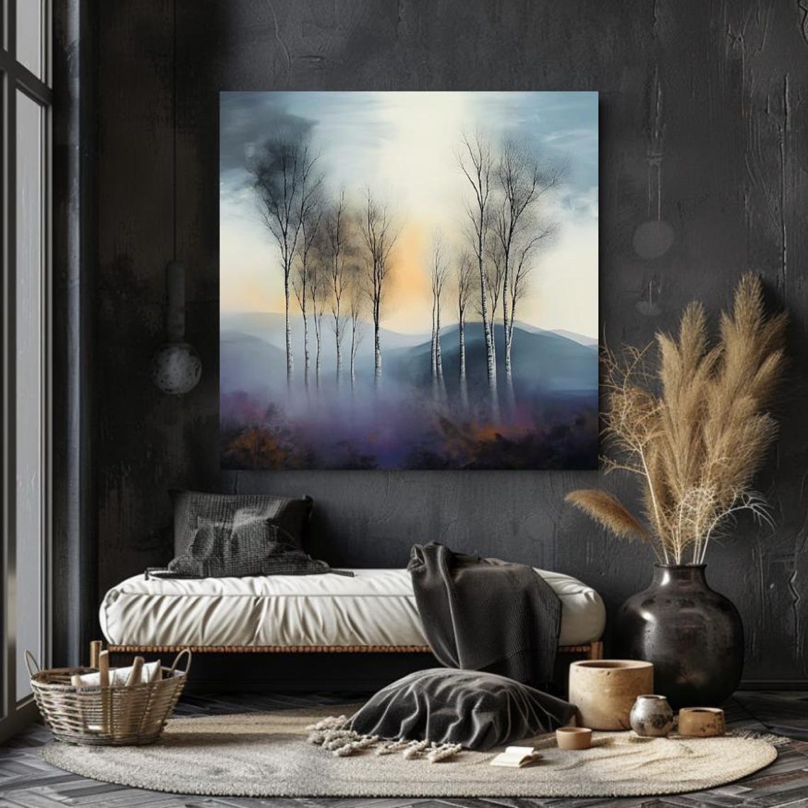 Misty Birch Forest at Sunrise Pastel Serene Nature Trees Art Poster - Image 2