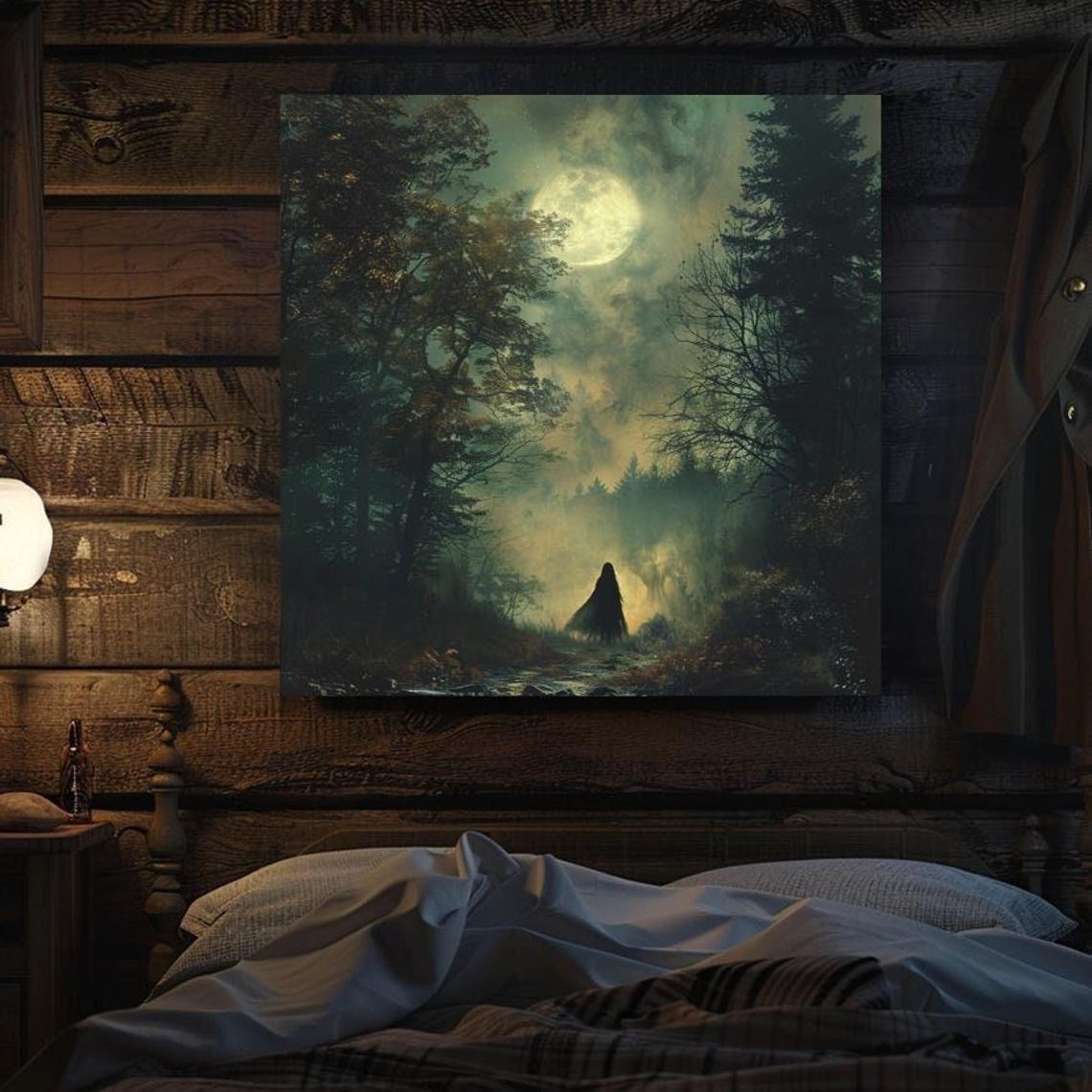 Hooded Witch Walking in Foggy Moonlit Forest Mystical Night Art Poster