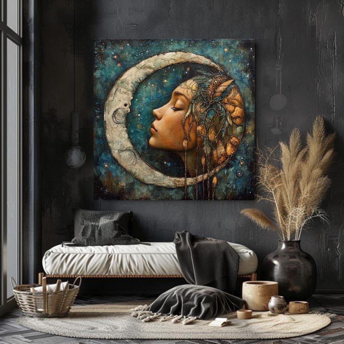 Moon Goddess Profile With Crescent Moon Headdress Gold Poster - Image 4