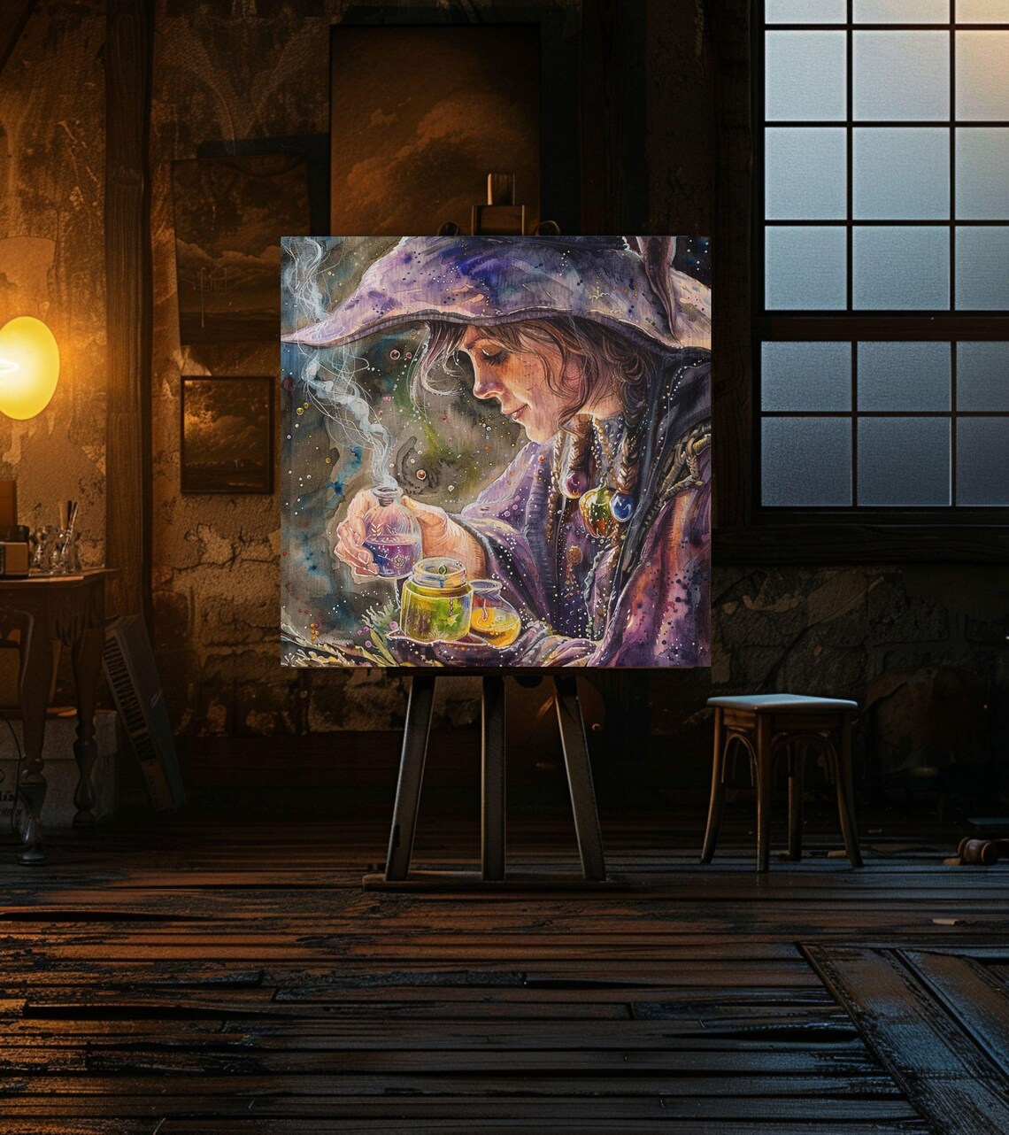 Watercolor Witch Herbalist Mixing Magic Potions Purple Robe Poster - Image 2