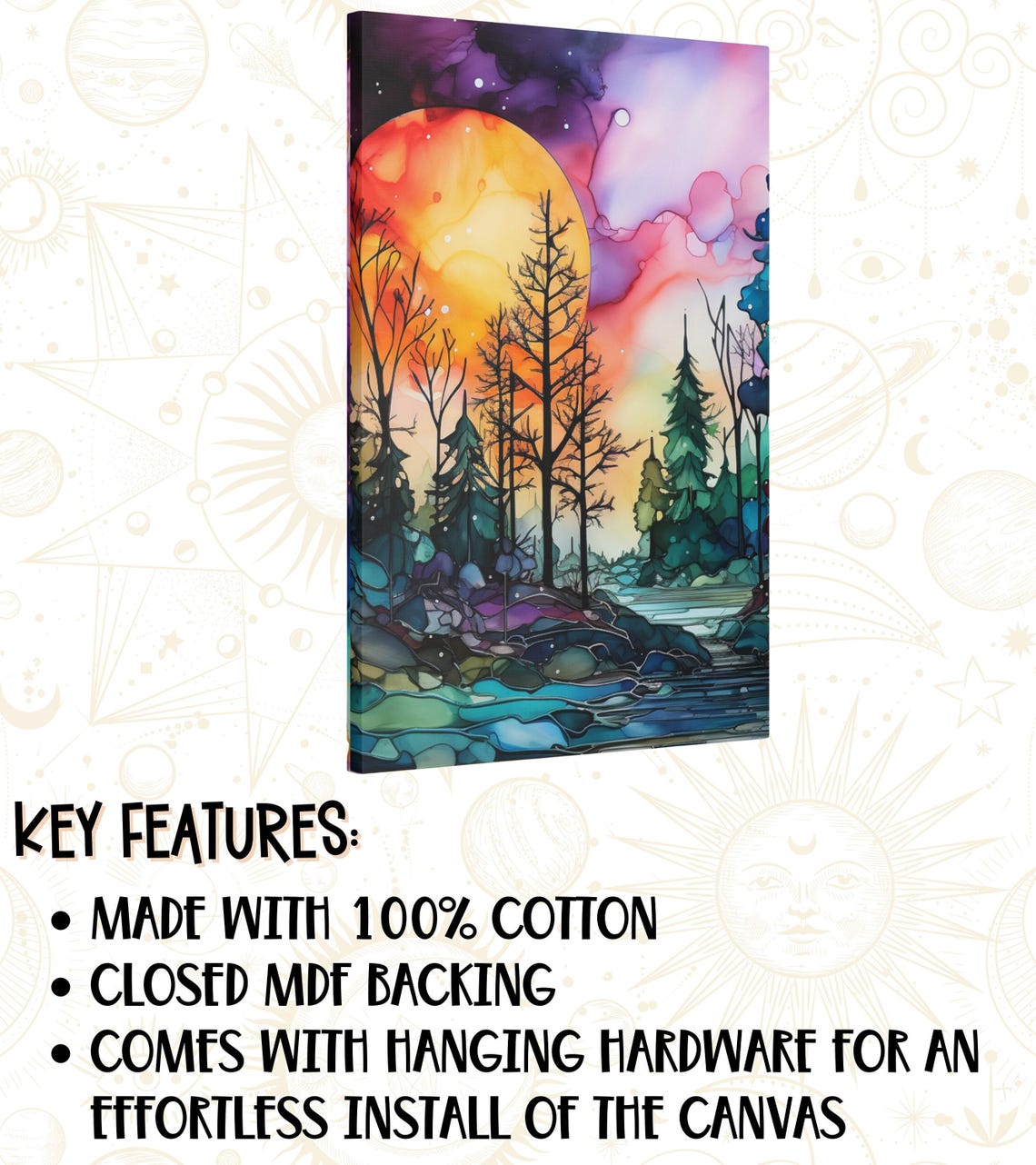 Burning Orange Moonlit Alcohol Ink Forest River Sunset Art Poster - Image 3