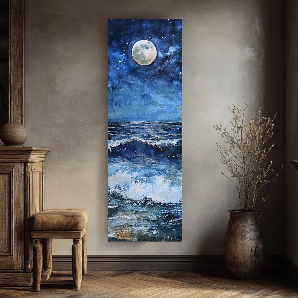 Full Moon Over Ocean Waves Tall Vertical Night Sea Art Poster - Image 4