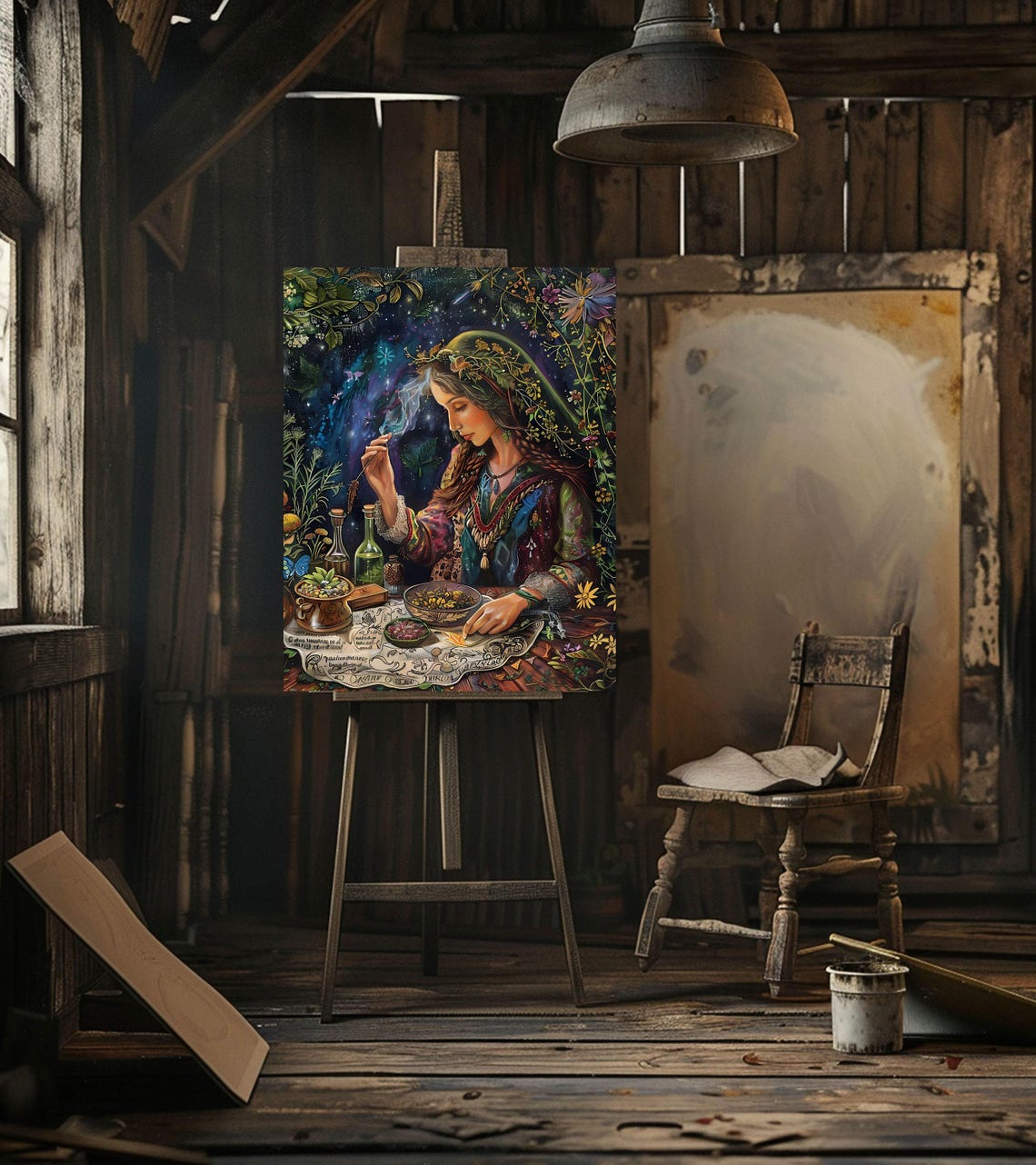 Witch Herbalist Mixing Herbs Under Starry Night Apothecary Art Poster - Image 4