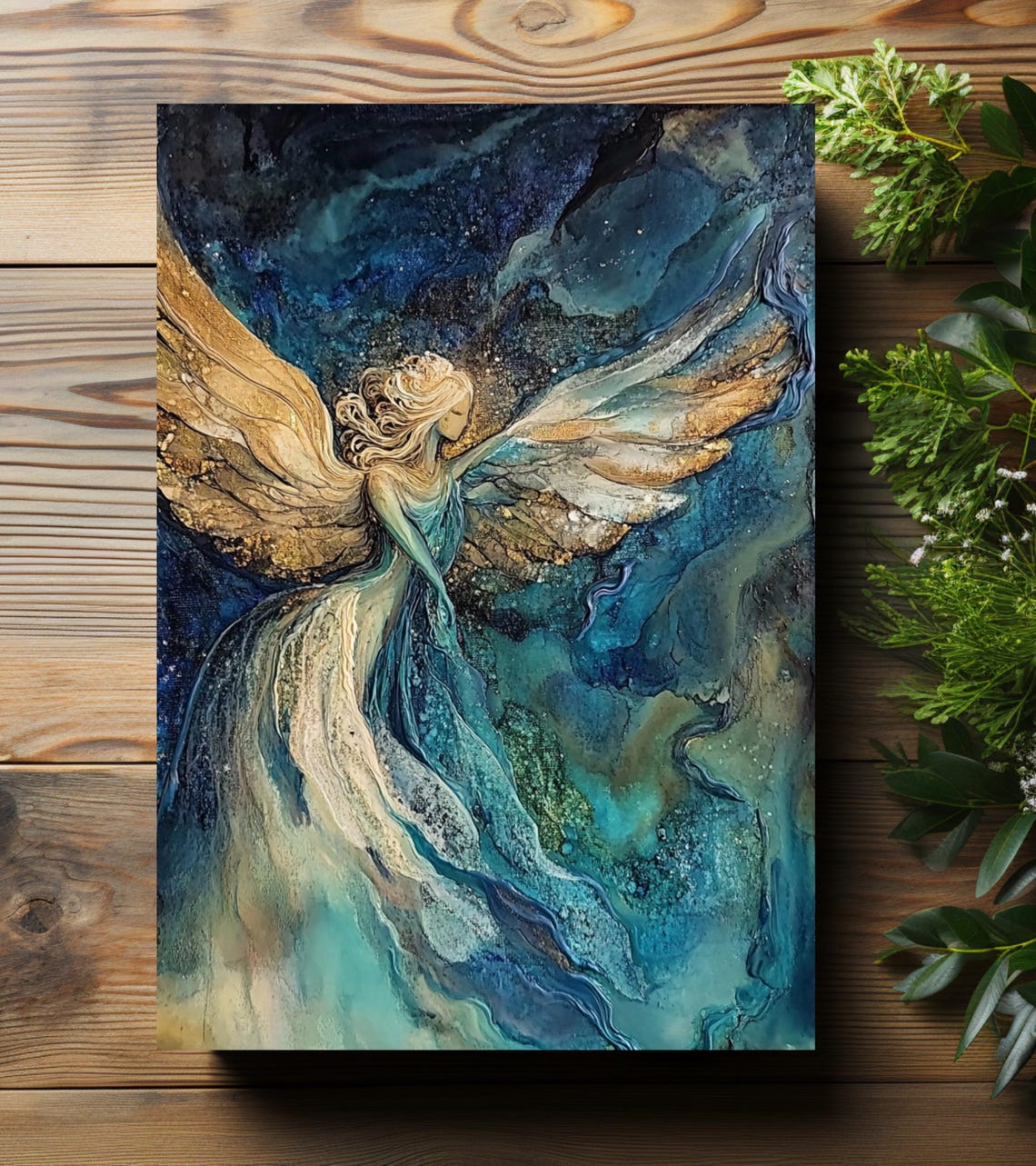 Golden Winged Angel Soaring Over Teal Ocean Waves Journal Art Print - Image 2
