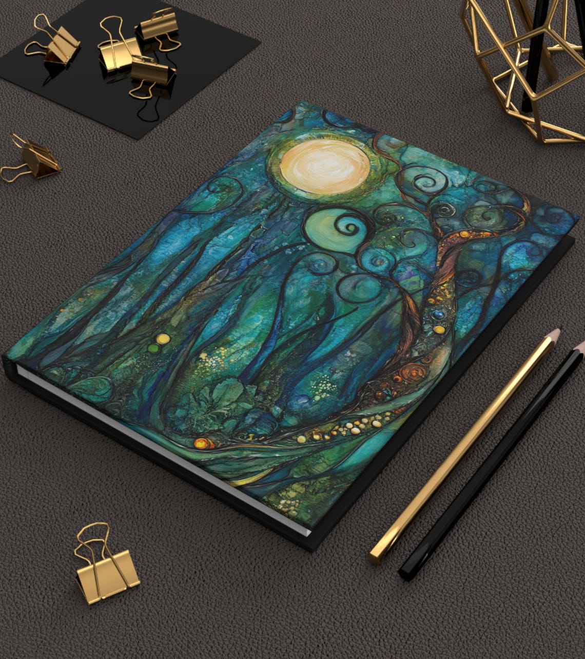 Mystical Teal Moonlit Forest Alcohol Ink Nature Journal Art Print - Image 3