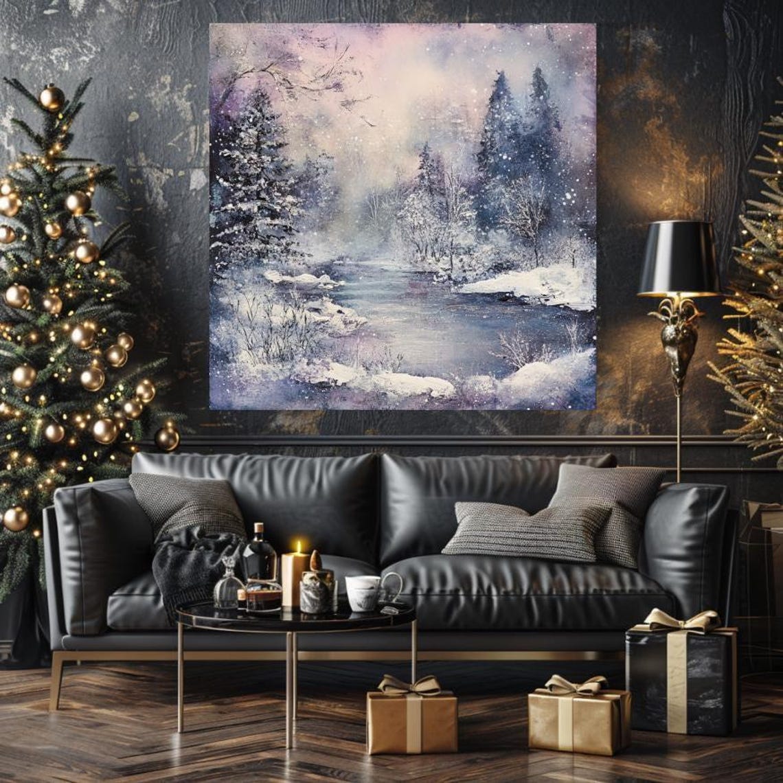 Serene Snowy Winter Forest with Frozen River Pastel Morning Poster - Image 4