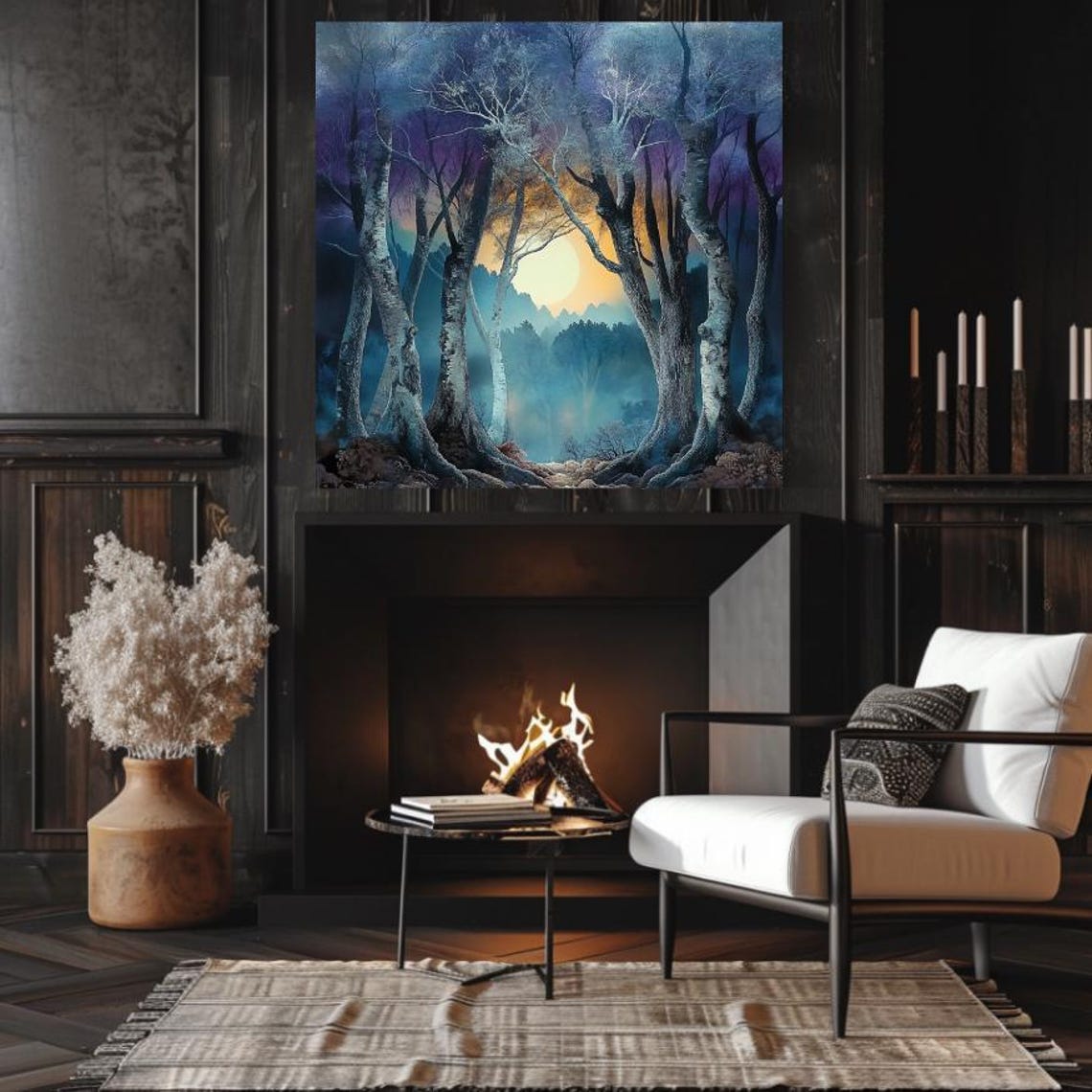 Birch Forest Archway Framing Glowing Moon Soft Misty Blue Poster - Image 3