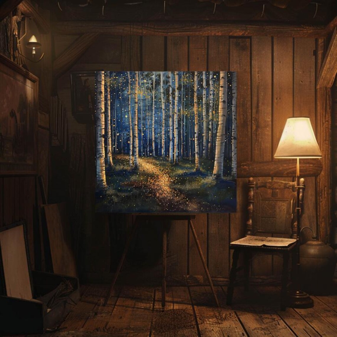 Whimsical Mystical Starlit Forest Dark Enchanted Wall Art Square Decor Ready To Hang Fantasy Art Mystical Nighttime - Image 3