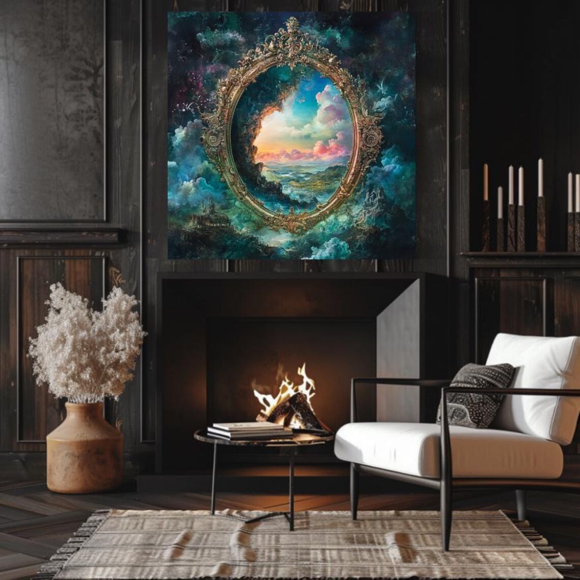 Ornate Golden Frame Portal to Sunset Cloudscape Fantasy Art Poster - Image 3
