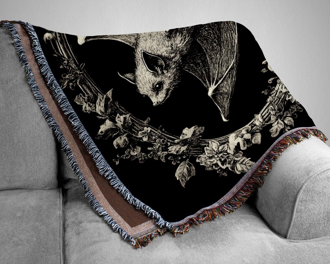 Vintage Bat in Floral Frame Woven Tapestry Throw Blanket Gothic Art Print - Image 3