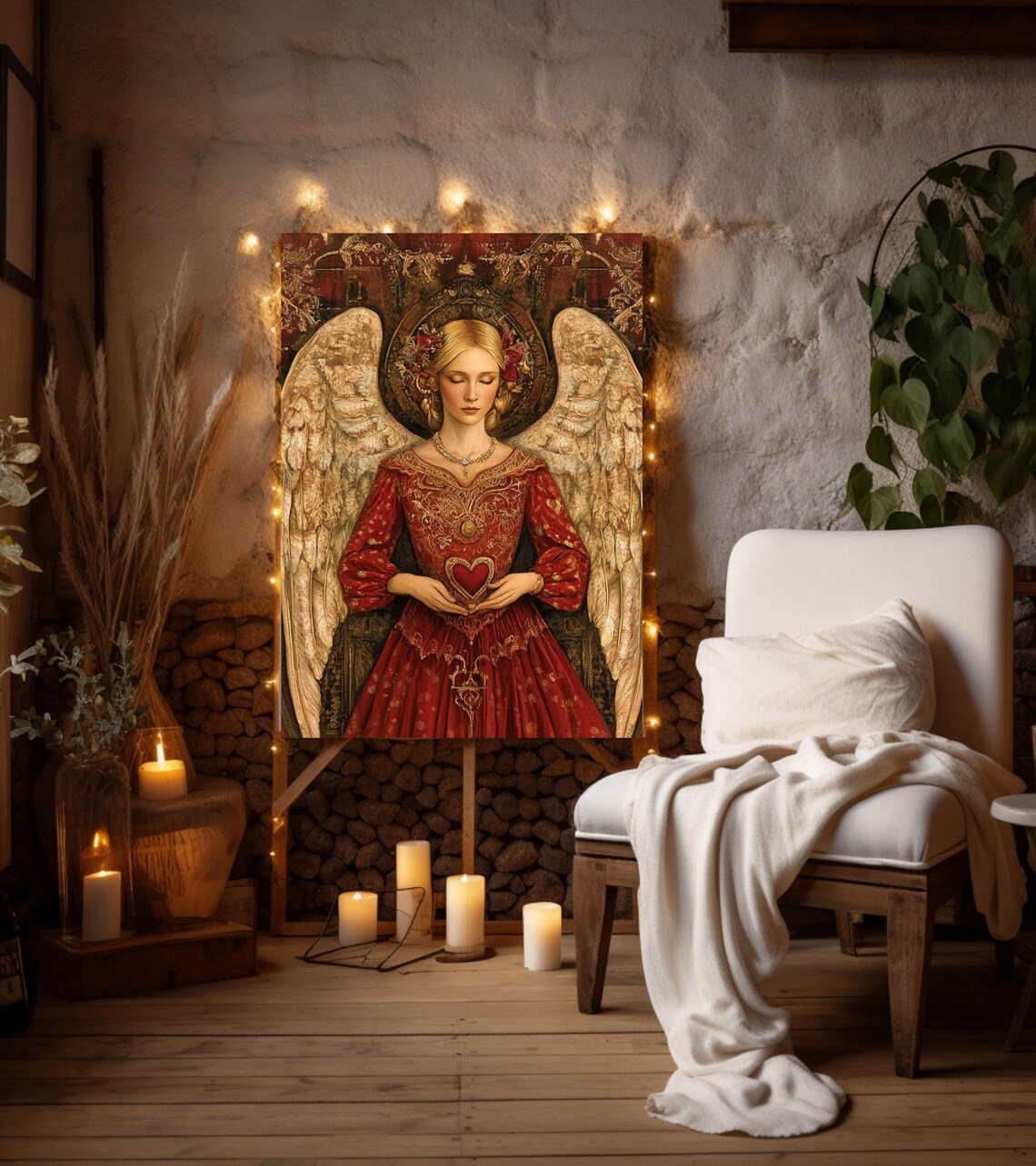 Valentine Angel in Red Gown Holding Heart Golden Wings Art Poster - Image 3