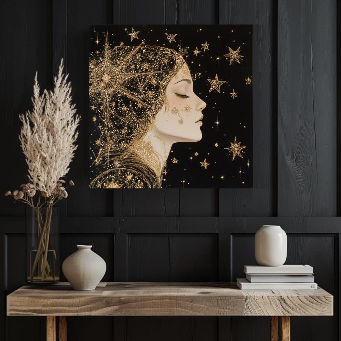 Celestial Golden Goddess Starlit Profile Woman Night Sky Poster - Image 3