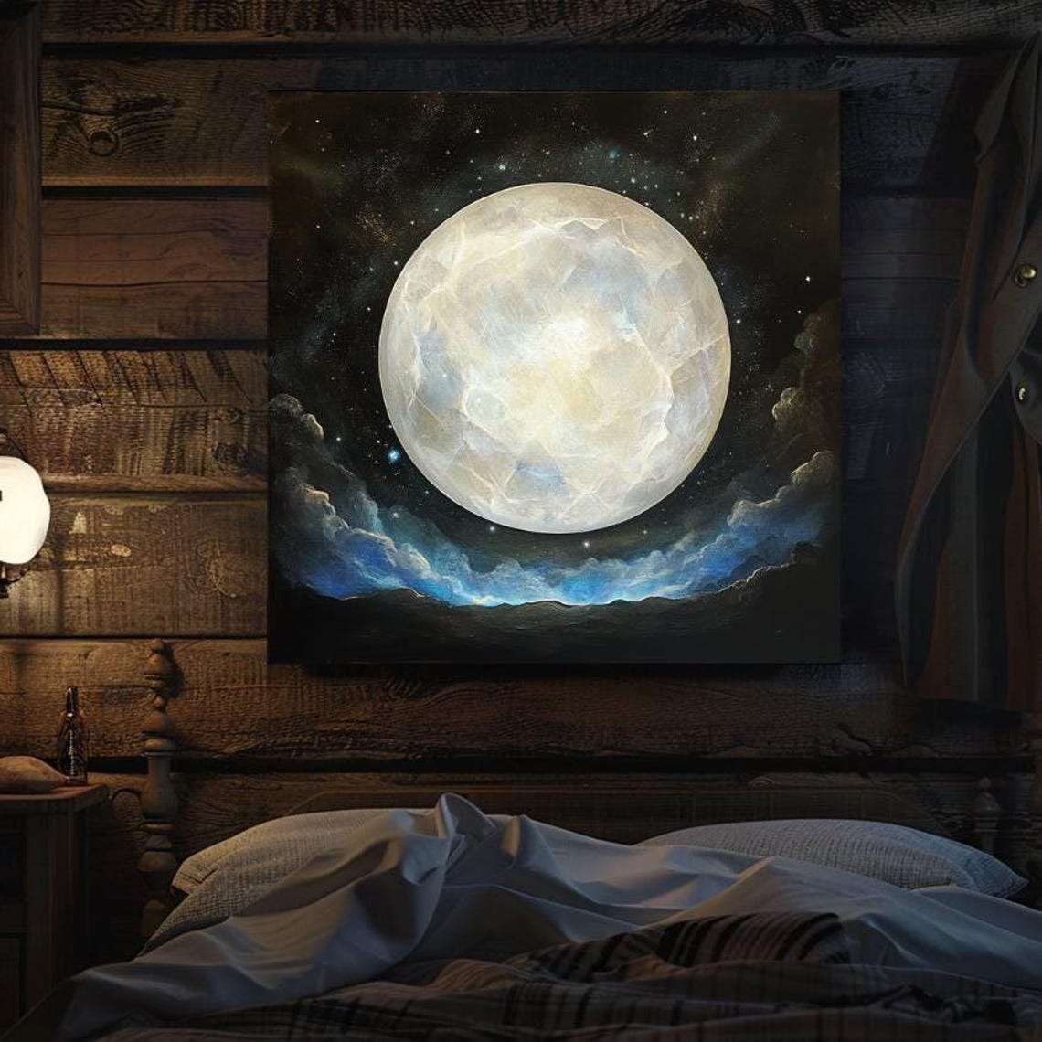 Giant Full Moon Rising Over Blue Clouds Dark Starry Night Poster