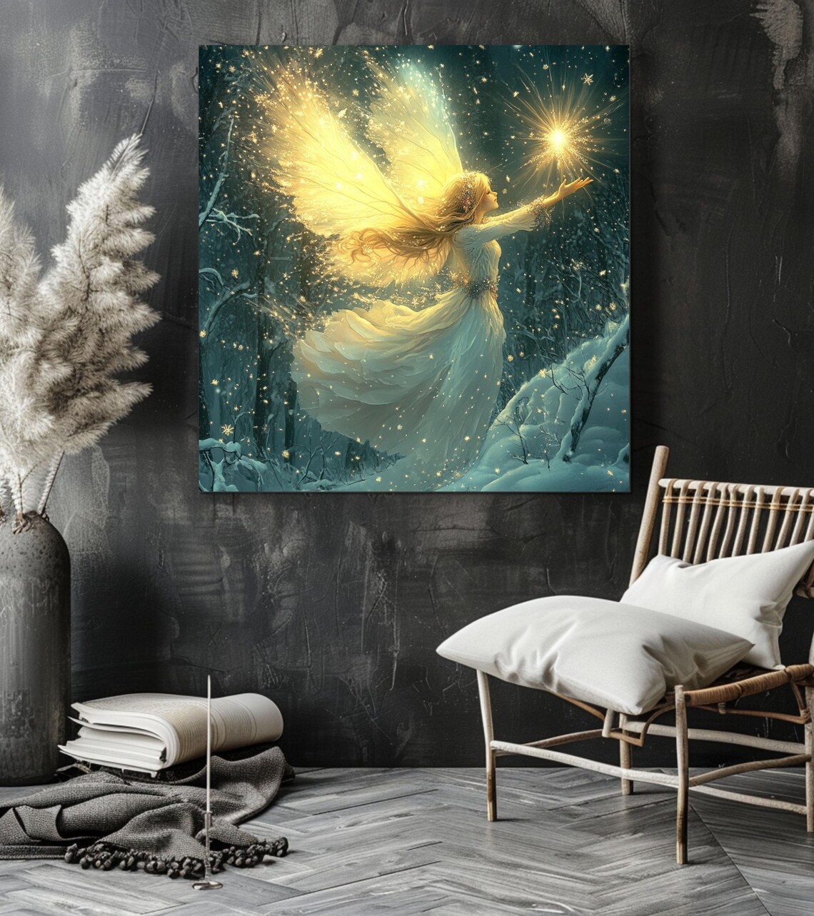 Enchanted Winter Fairy Glowing in Golden Snowfall Magic Art Poster - Image 3