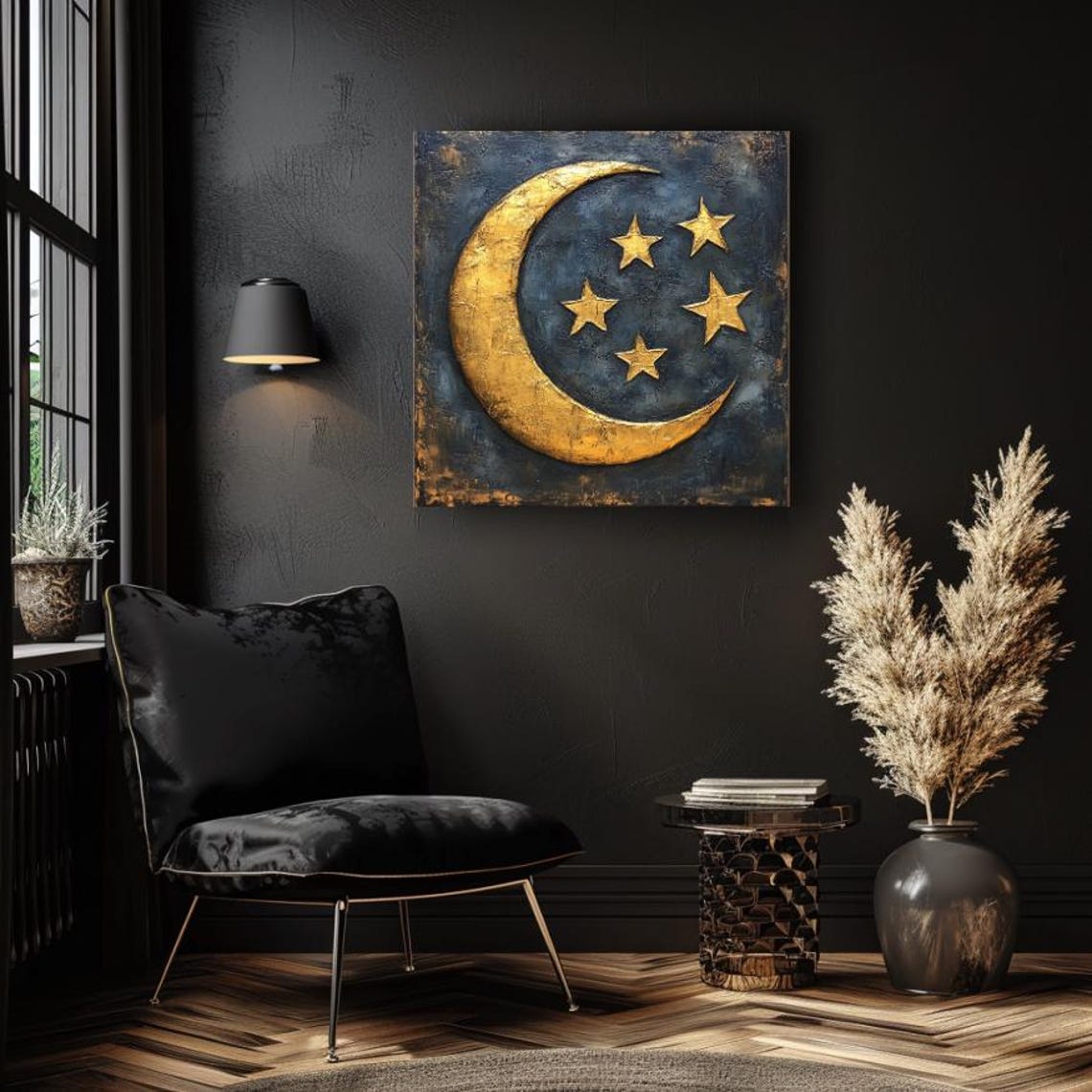 Golden Crescent Moon and Stars Textured Celestial Relief Art Poster - Image 4