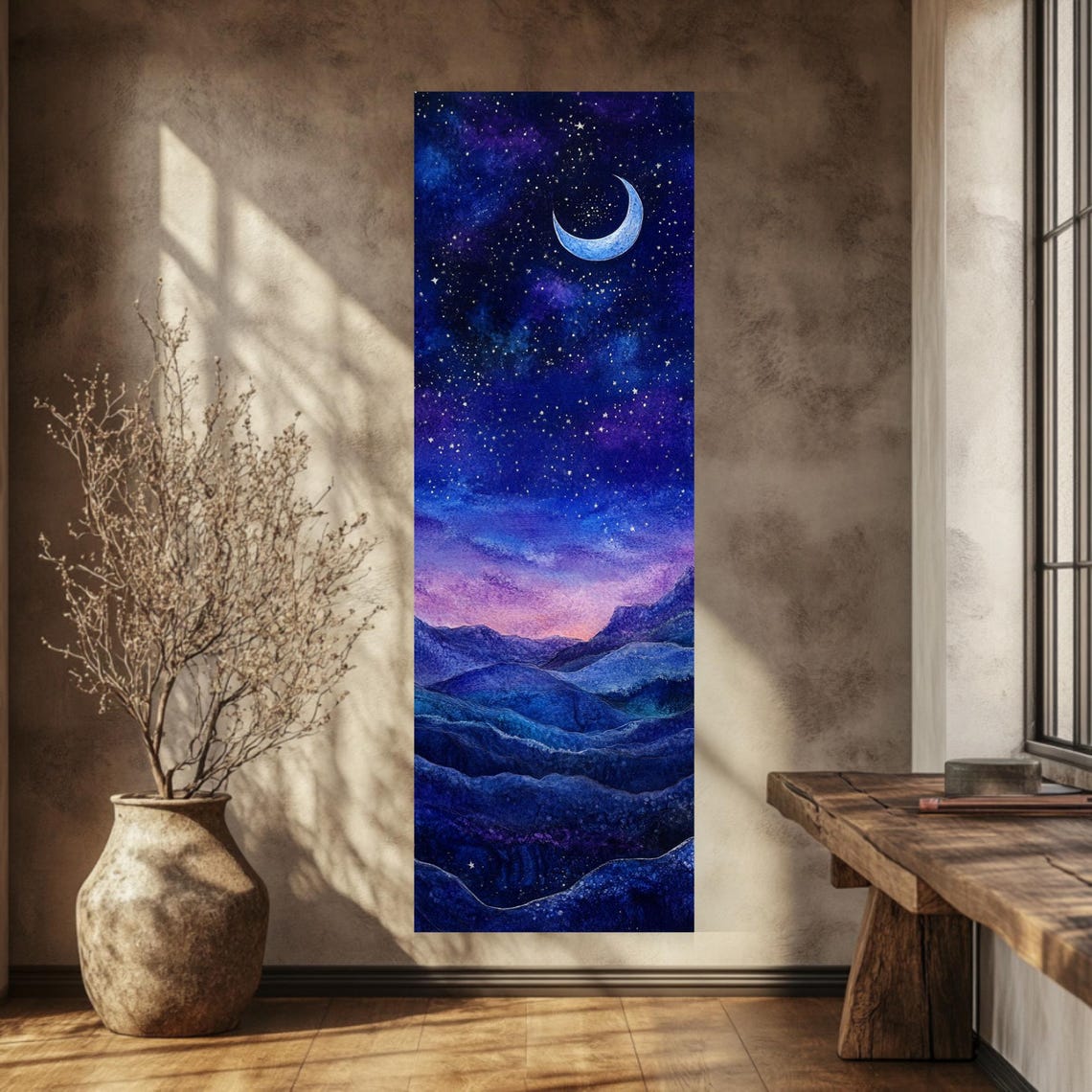 Crescent Moon Over Rolling Mountains Tall Vertical Night Sky Poster - Image 3