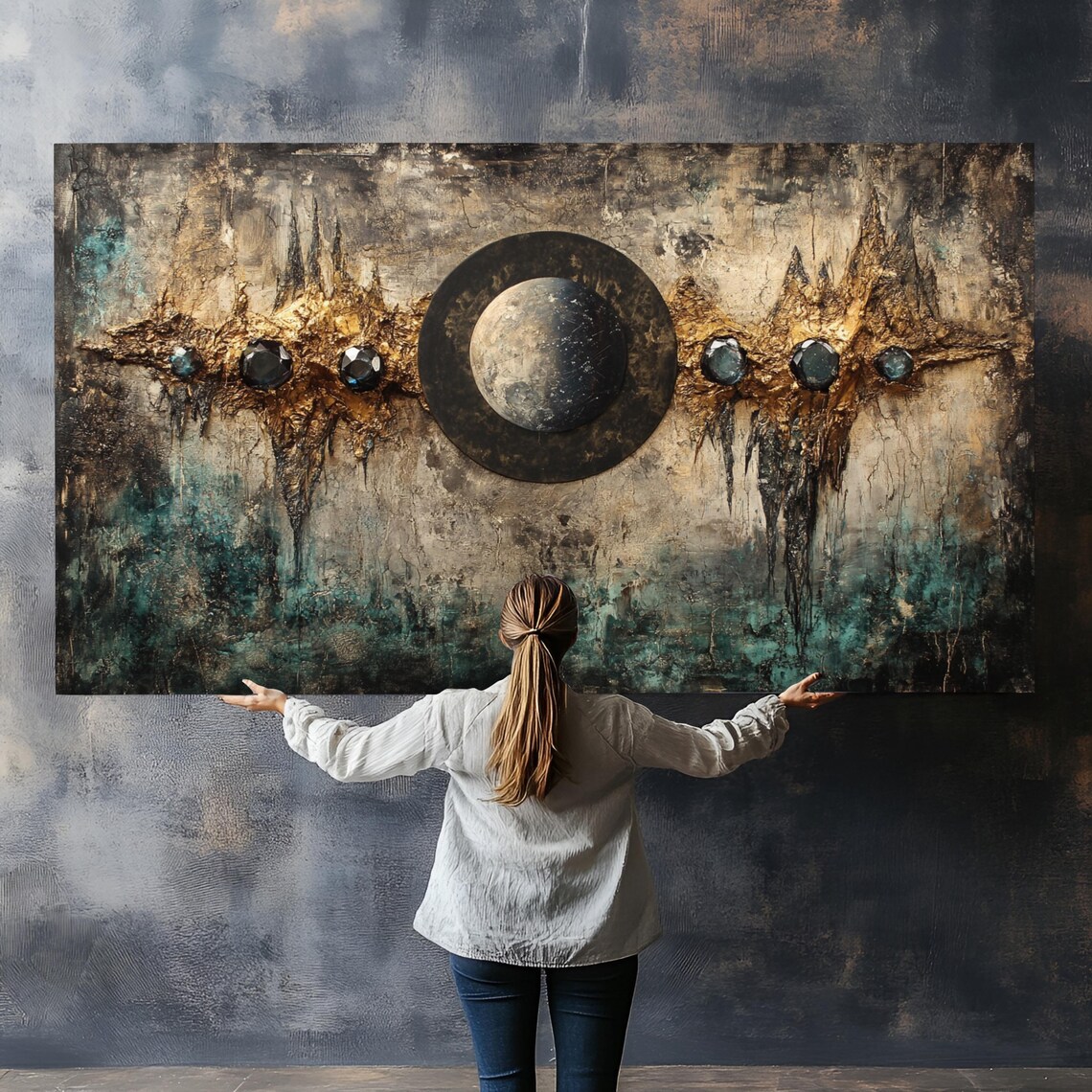 Vintage Moon Eclipse Gemstone Bronze Patina Abstract Art Poster - Image 4