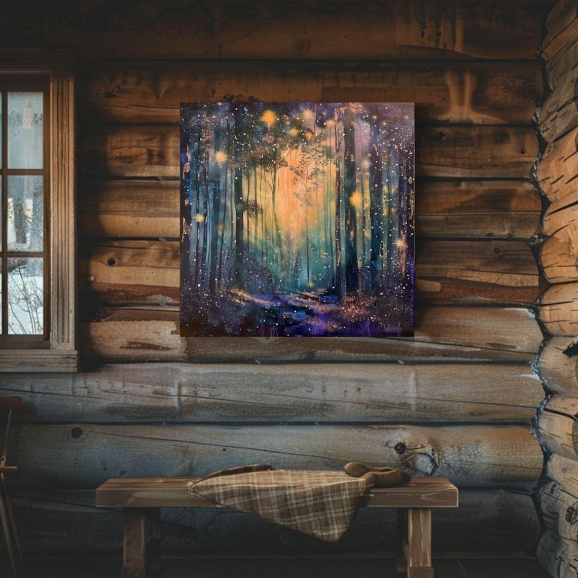 Starlit Enchanted Forest with Golden Light and Fireflies Art Poster - Image 2