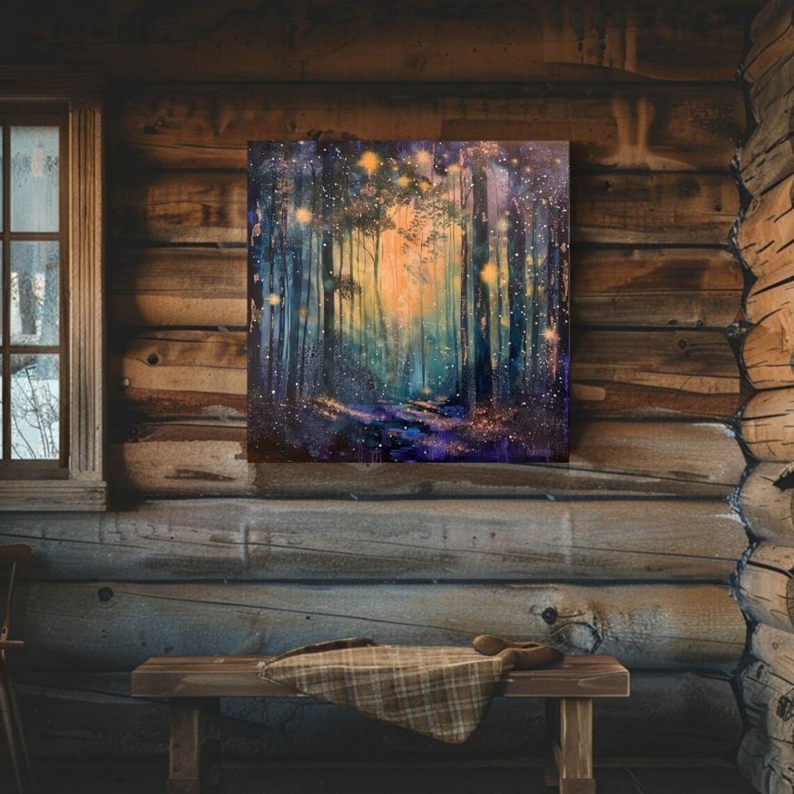 Starlit Forest Art Mystical Dark Forest Painting Square Home Wall Decor Ready To Hang Art Enchanted Forest Wall Decor - Image 2