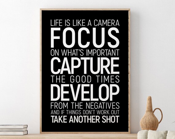 Life Is Like A Camera White On Black Background Quote Poster