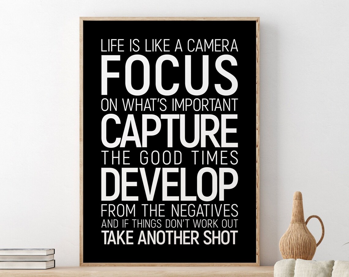 Life Is Like A Camera White On Black Background Quote Poster