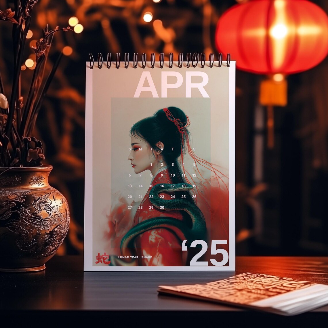 April 2025 Lunar Year Of The Snake Spiral Desk Calendar Wall Art