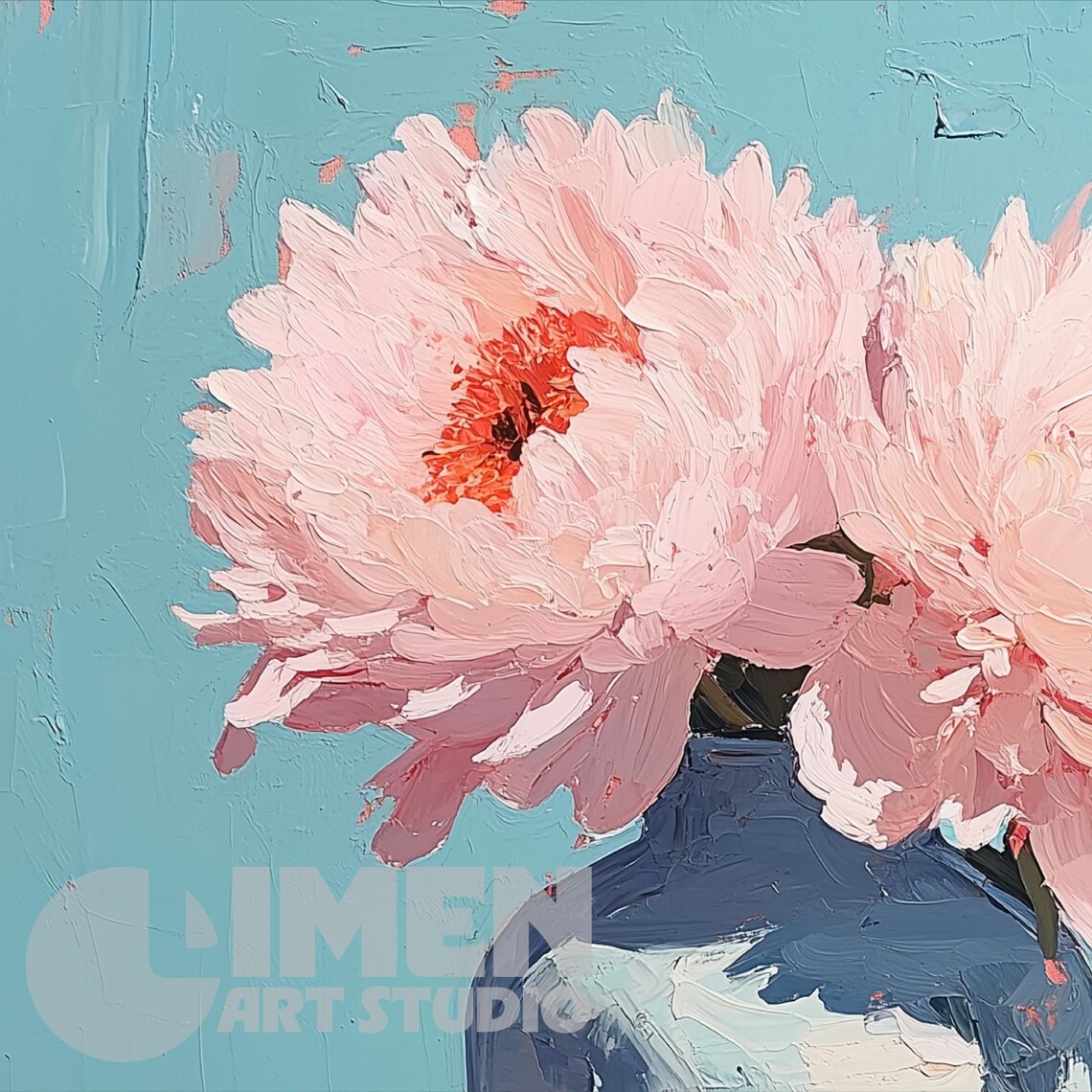 Pink Peonies In White Vase Turquoise Impasto Floral Painting Print - Image 3