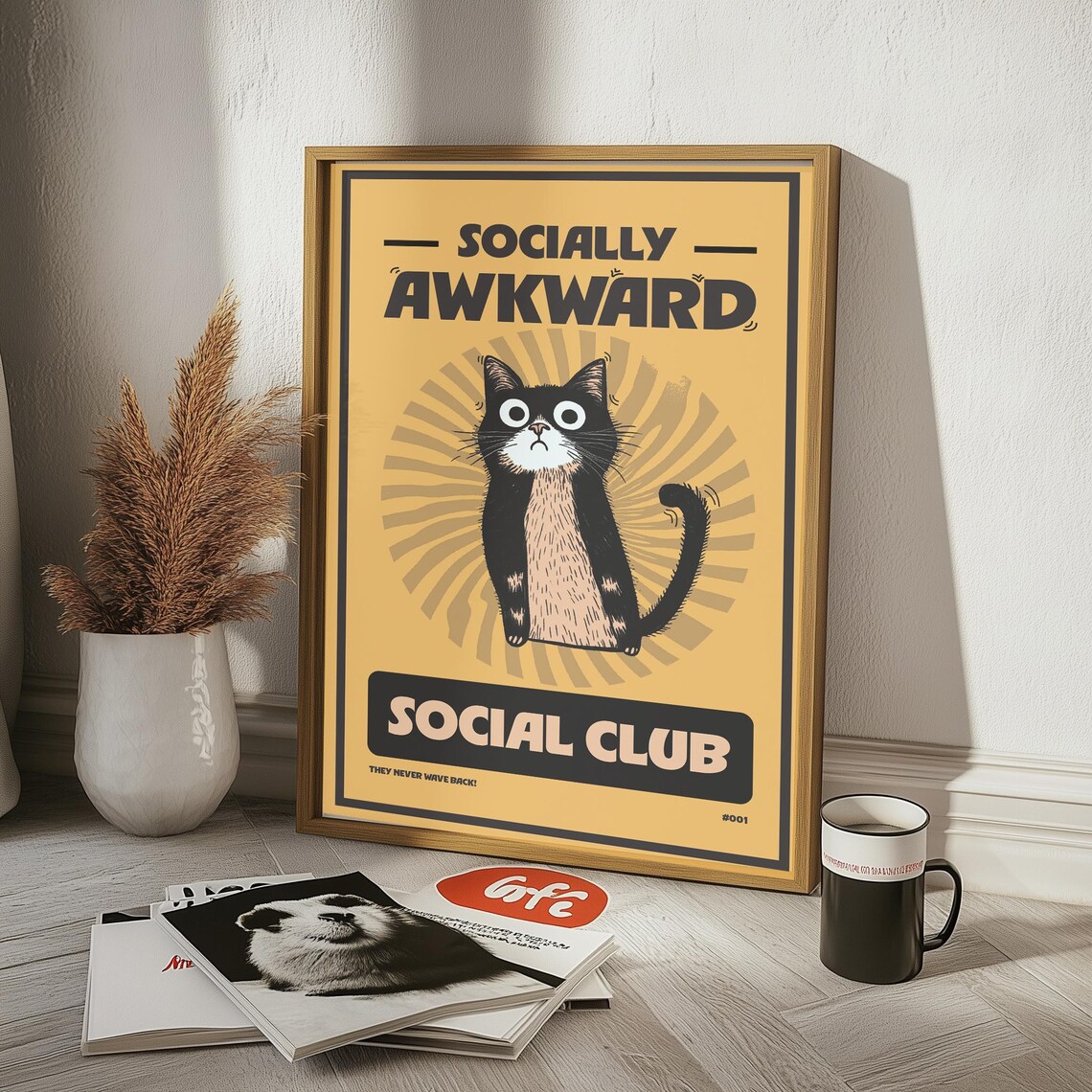 Socially Awkward Social Club Funny Black Cat Retro Mustard Poster - Image 2