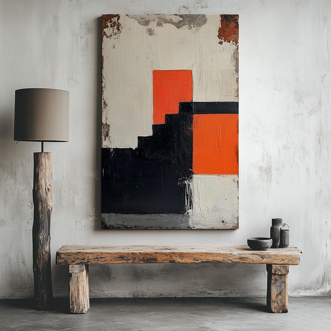 Modern Abstract Geometric Wall Art Red Minimalist Large Decor Contemporary Neutral Beige Vibrant Brush Strokes Painting For Living Room
