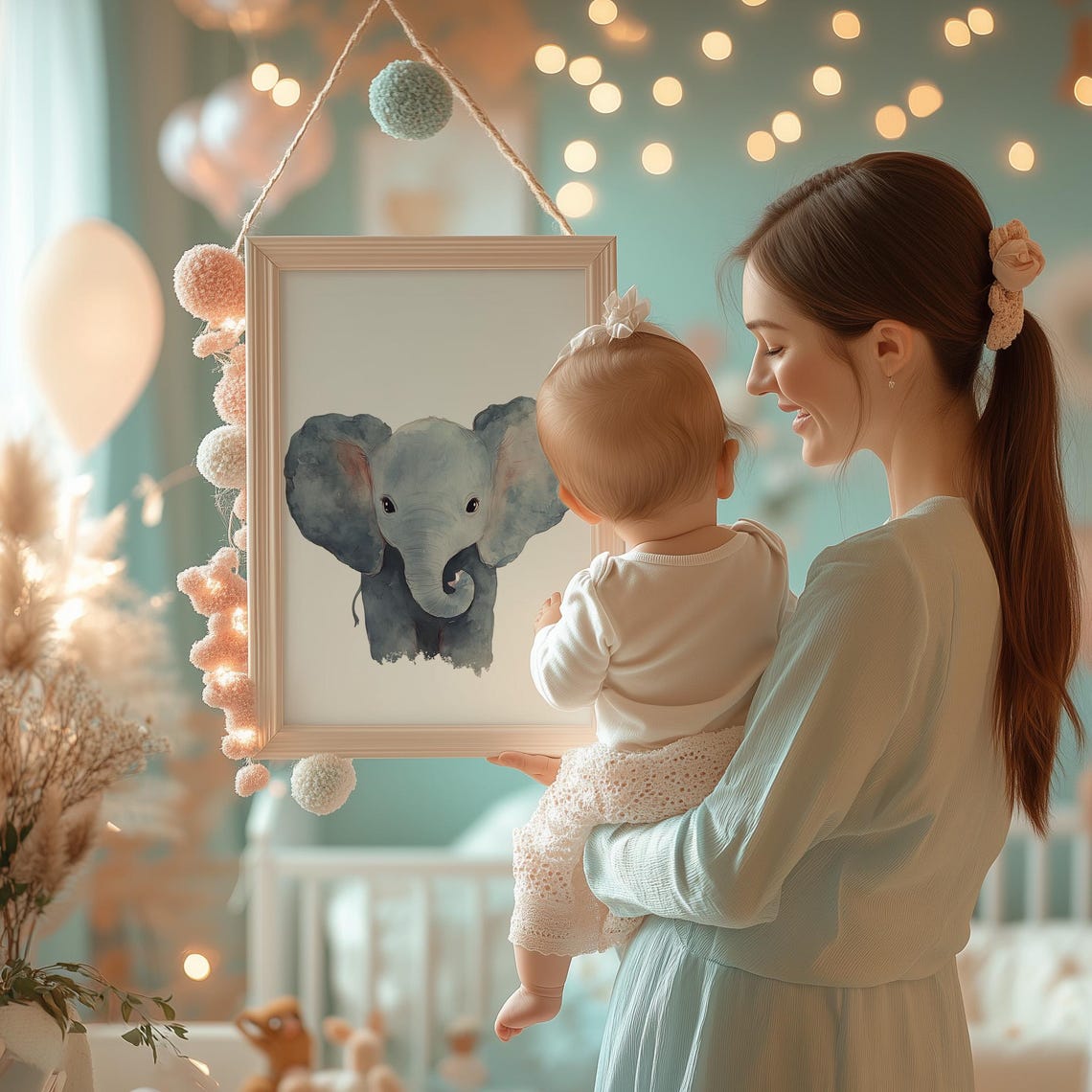 Cute Baby Elephant Watercolor Portrait Soft Gray Nursery Wall Art - Image 3