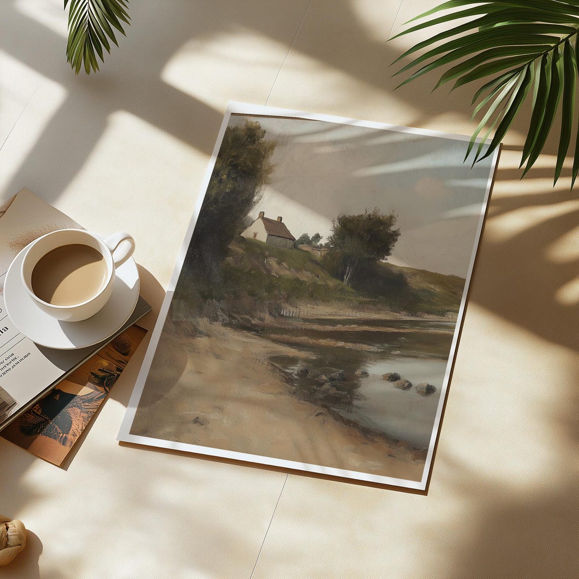 Vintage French Countryside Riverside Cottage Landscape Painting Poster - Image 3