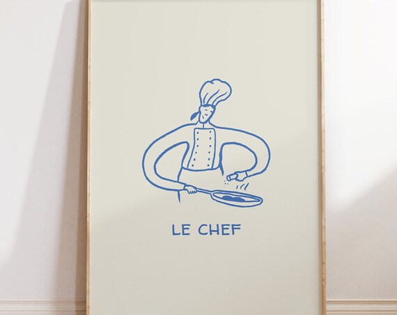 Minimalist Kitchen Decor Blue Chef Art Print Cute Cooking Poster Kitchen Wall Art Print Le Chef Poster French Decor 1 Print