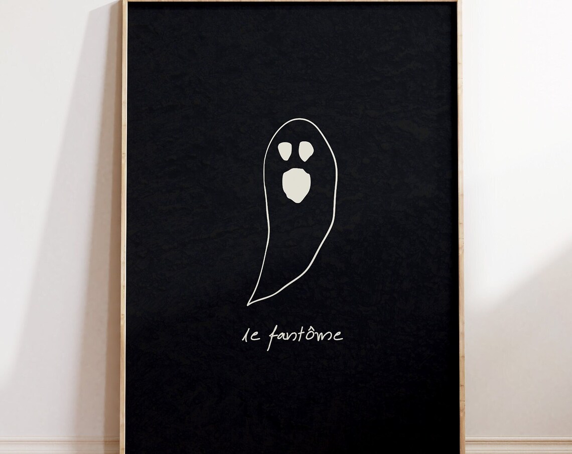 Le Fantome Minimalist White Ghost Outline Black Halloween Poster