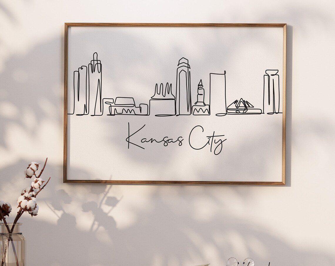 Downtown Kansas City Skyline Black Line Art Minimalist Travel Poster