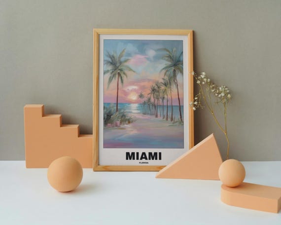 Miami Beach Travel Poster, Tropical Sunset Palm Tree