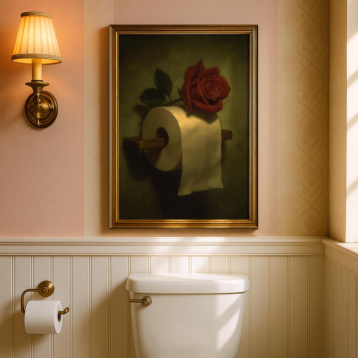 Red Rose Resting On Toilet Paper Retro Restroom Oil Painting Poster