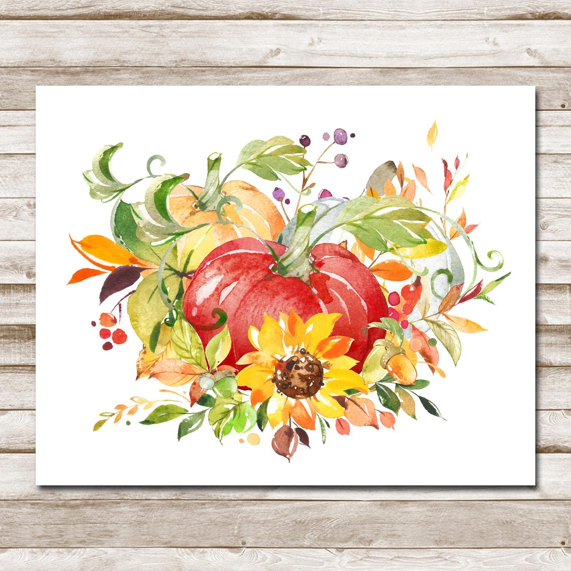 Watercolor Autumn Bouquet Red Pumpkins Sunflower Fall Art Print - Image 4