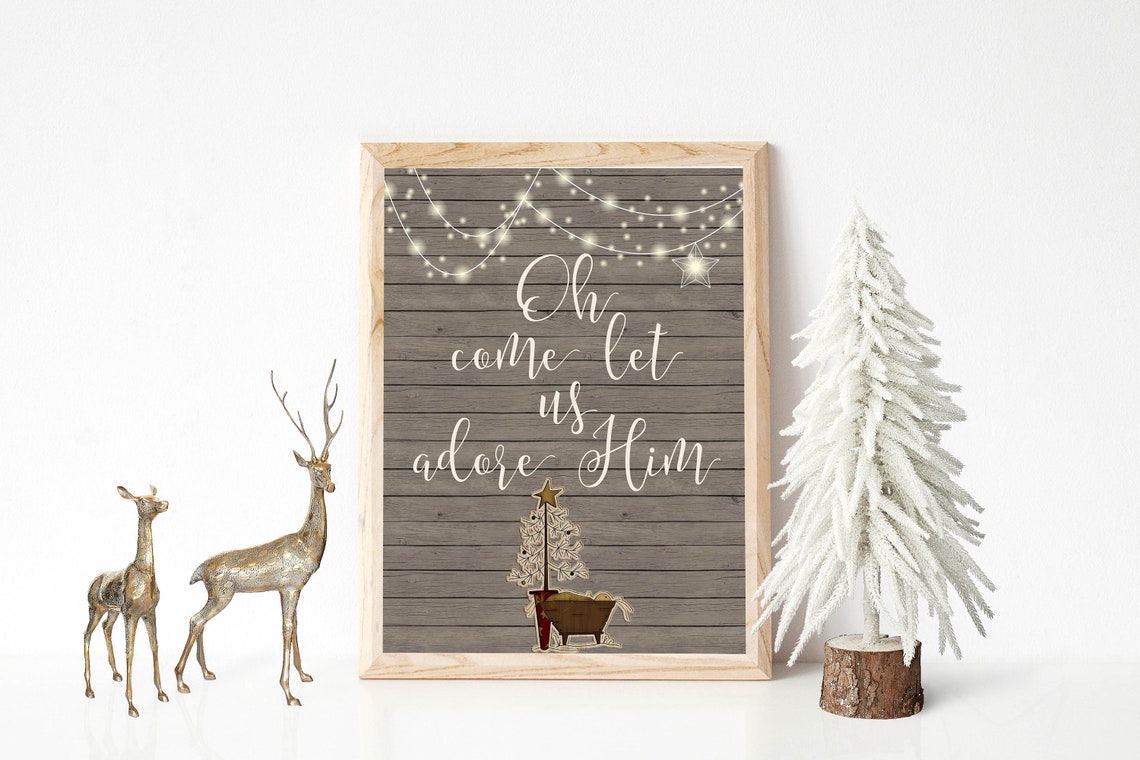 Oh Come Let Us Adore Him Rustic Wooden Manger Christmas Quote Poster - Image 2