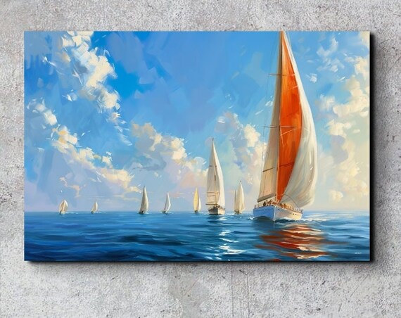 Sailboats With Orange Sails Blue Ocean Impressionist Art Poster
